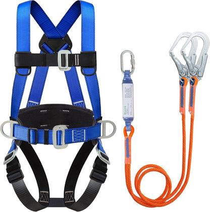 Blue full-body safety harness with lanyard
