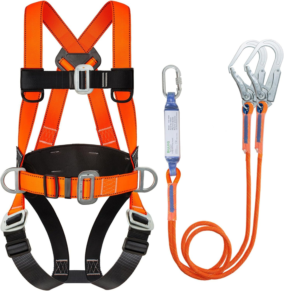 Orange full-body safety harness with lanyard