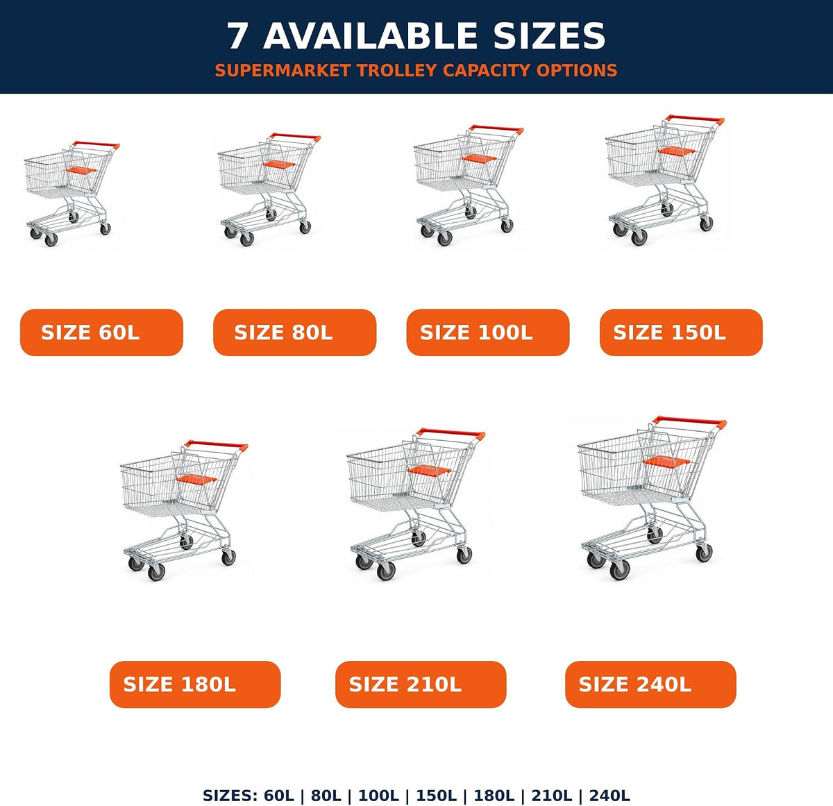 TAZEET metal shopping trolley capacity options from 60 L to 240 L