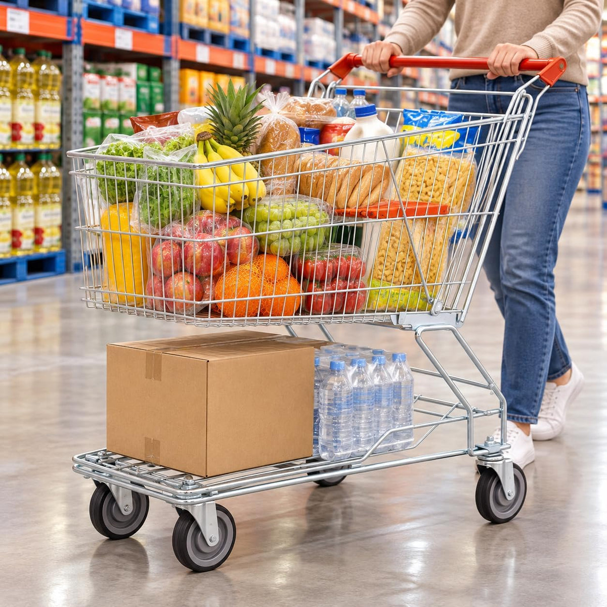 Large-capacity TAZEET shopping trolley with basket and lower platform loaded with groceries