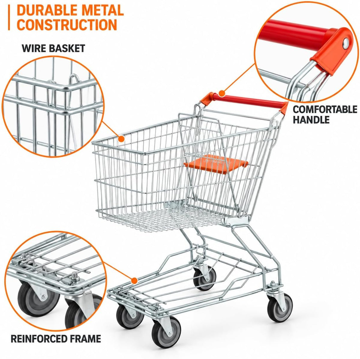 Metal shopping trolley wire basket, handle and reinforced frame details