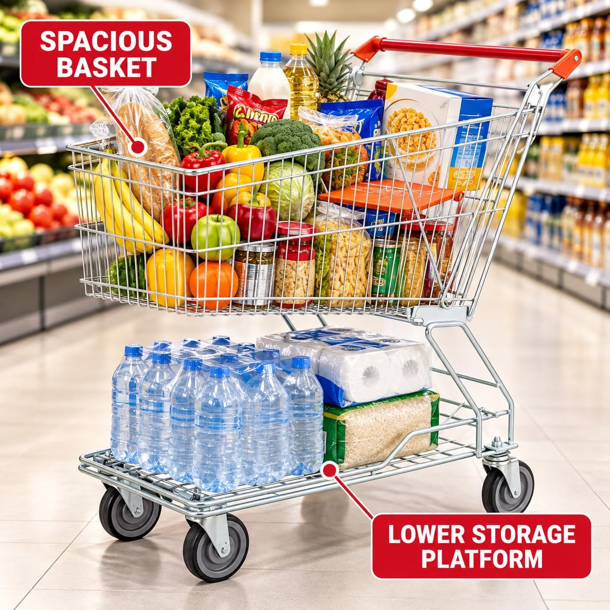TAZEET shopping trolley with spacious wire basket and lower storage platform