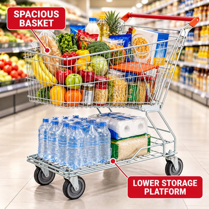 TAZEET shopping trolley with spacious wire basket and lower storage platform
