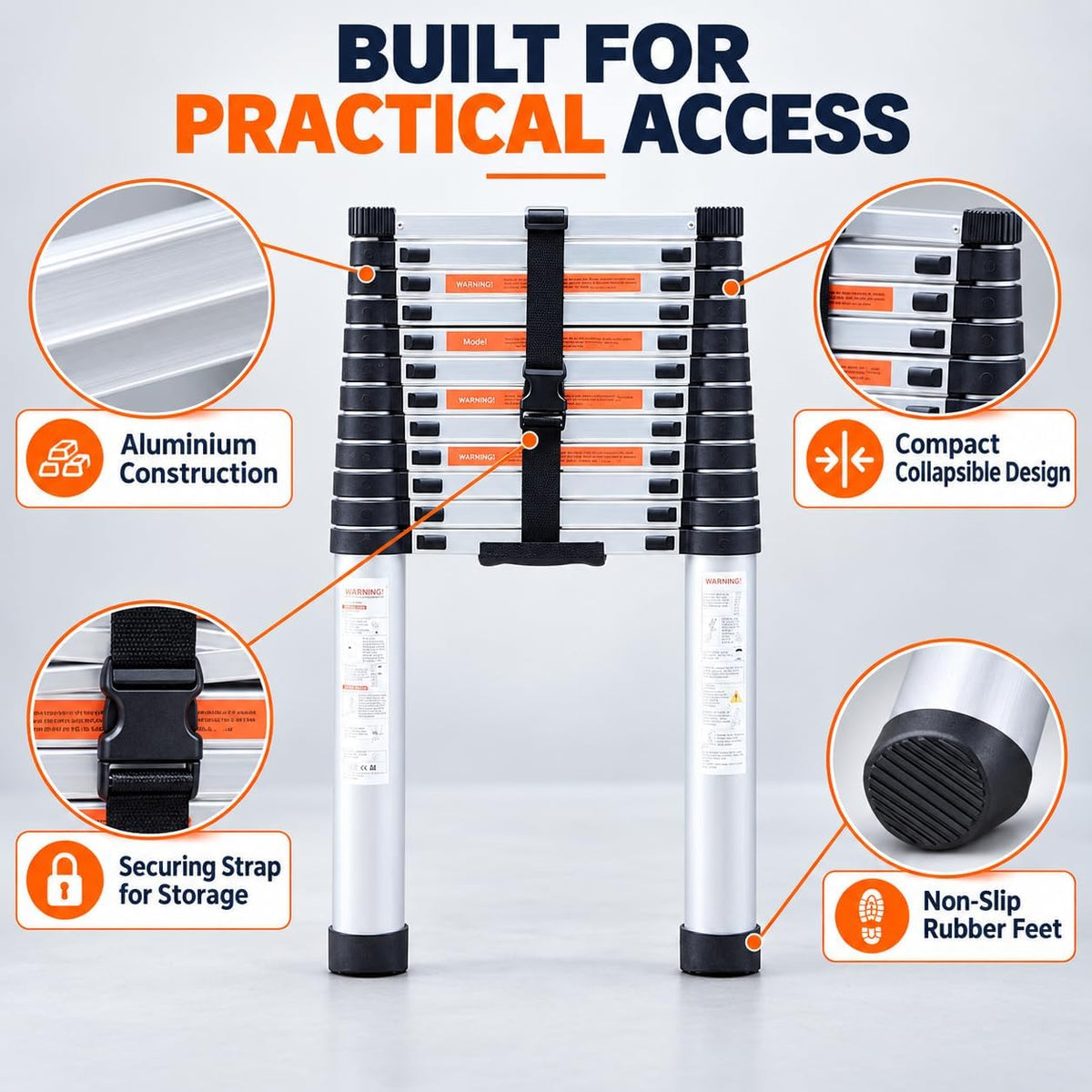 Aluminium telescoping ladder construction, securing strap and rubber feet