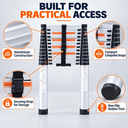 Aluminium telescoping ladder construction, securing strap and rubber feet