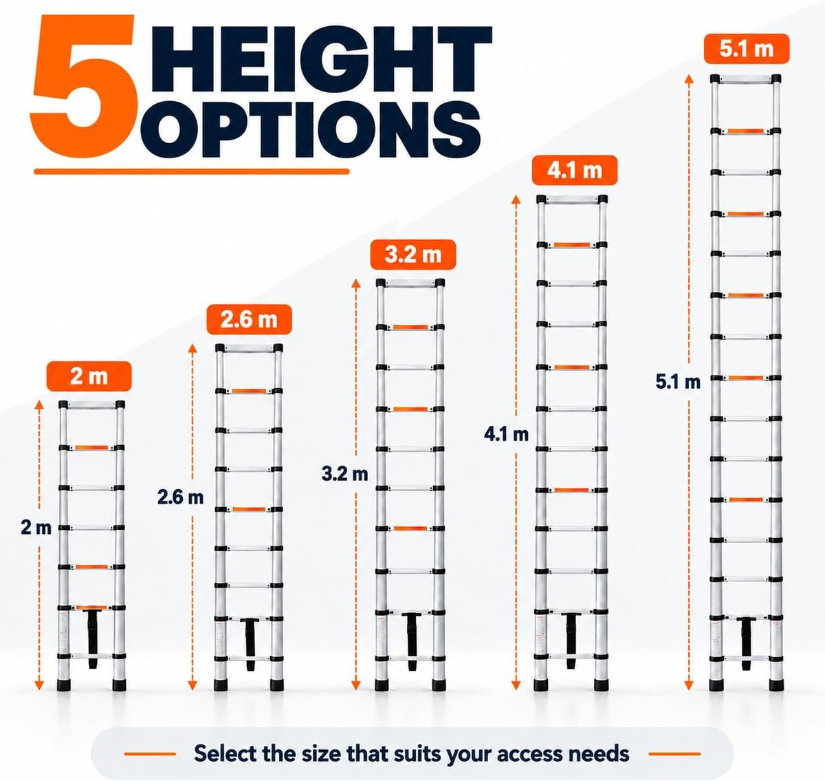 Telescoping ladder shown in 2 m, 2.6 m, 3.2 m, 4.1 m and 5.1 m height options