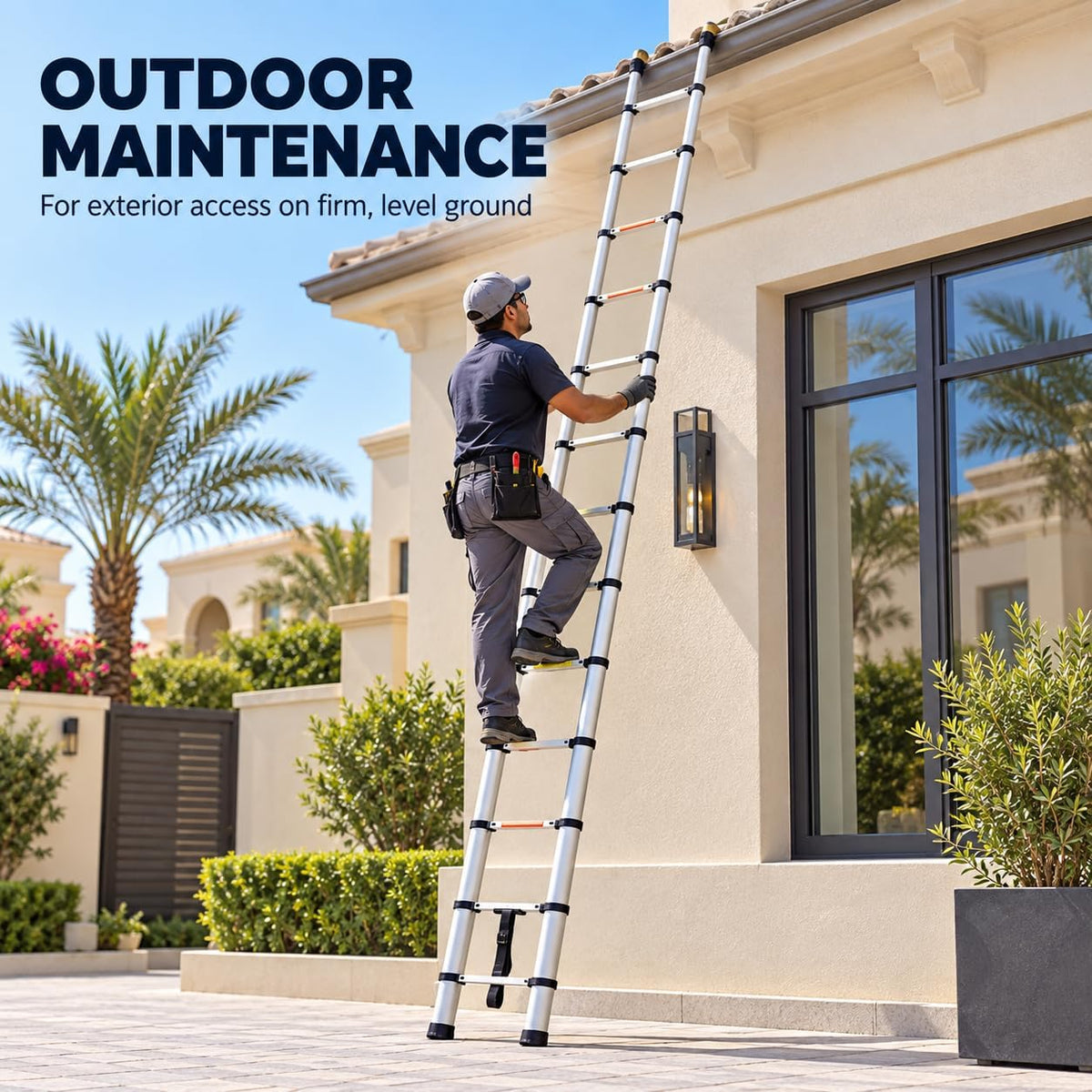 Telescoping ladder positioned for outdoor property maintenance