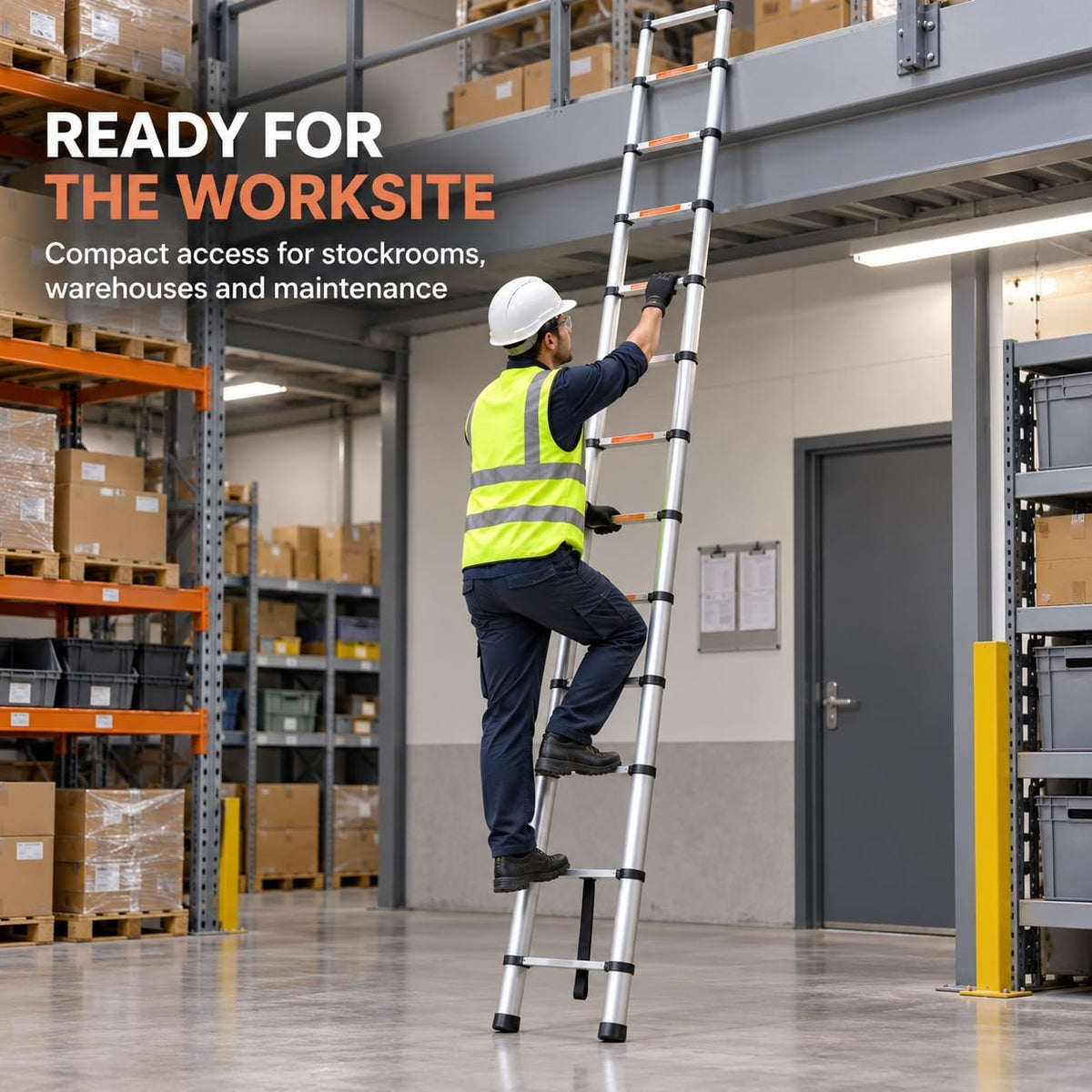 Aluminium telescoping ladder in use for outdoor maintenance