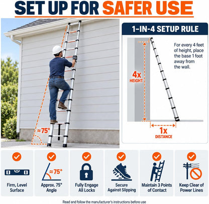 Telescoping ladder setup and safe-use guidance