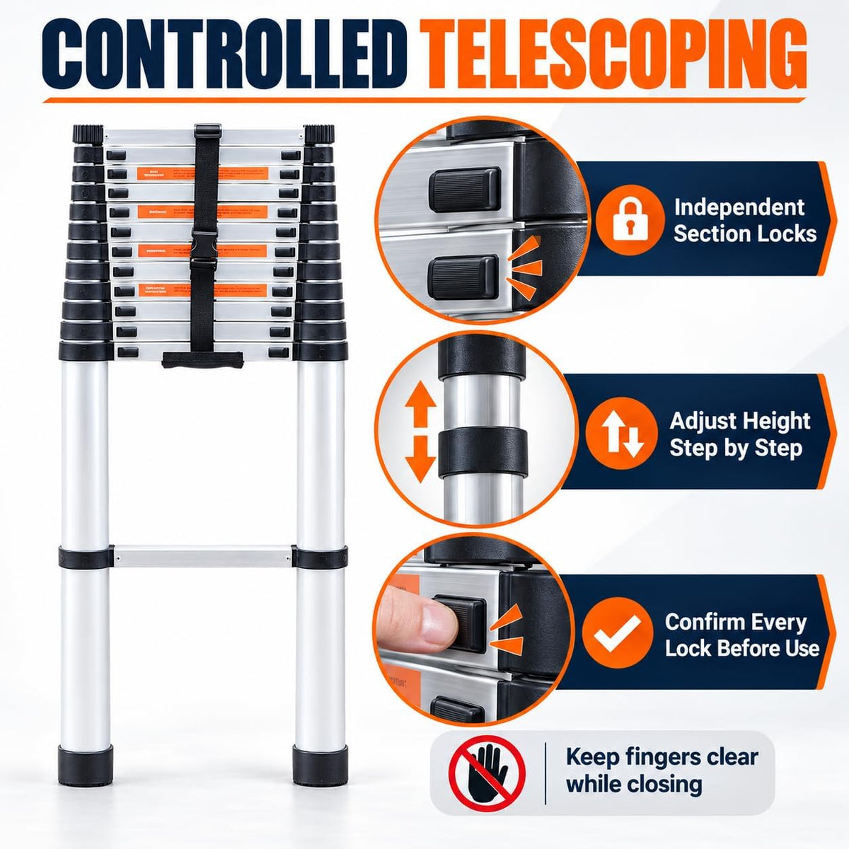 Telescoping ladder section locks and step-by-step height adjustment