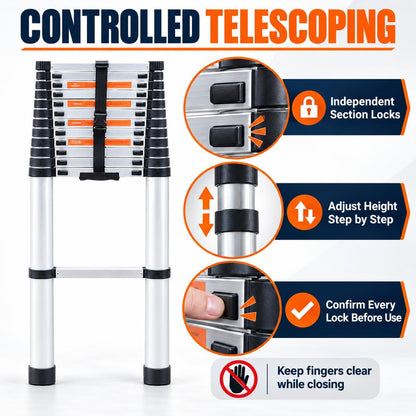 Telescoping ladder section locks and step-by-step height adjustment