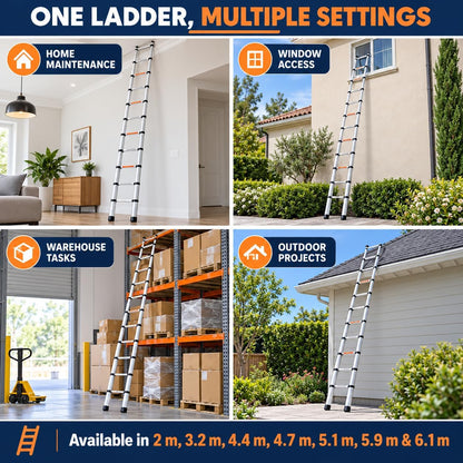Telescoping ladder shown in home, window, warehouse and outdoor settings