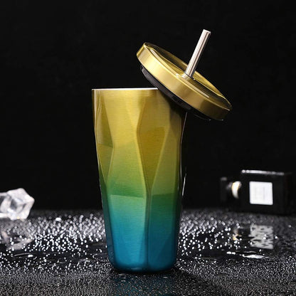 Travel Coffee Cup with Straw Insulated Tumbler Gradient Stainless Steel Mug Office Cold Cup Car Drinking Cups Water Bottle 16oz/473ml - Tazeet.com