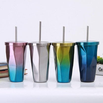 Travel Coffee Cup with Straw Insulated Tumbler Gradient Stainless Steel Mug Office Cold Cup Car Drinking Cups Water Bottle 16oz/473ml - Tazeet.com