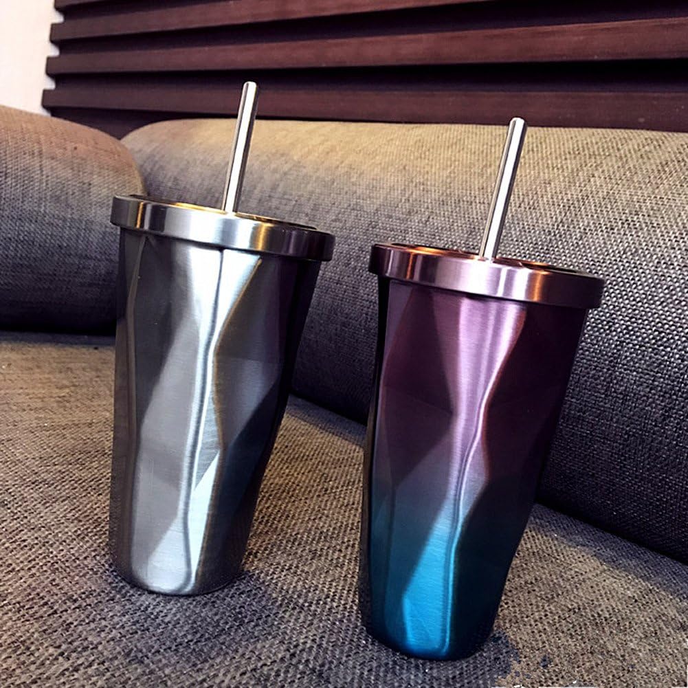 Travel Coffee Cup with Straw Insulated Tumbler Gradient Stainless Steel Mug Office Cold Cup Car Drinking Cups Water Bottle 16oz/473ml - Tazeet.com