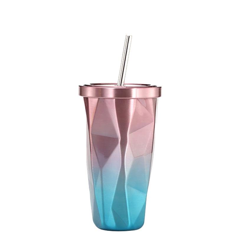 Travel Coffee Cup with Straw Insulated Tumbler Gradient Stainless Steel Mug Office Cold Cup Car Drinking Cups Water Bottle 16oz/473ml - Tazeet.com