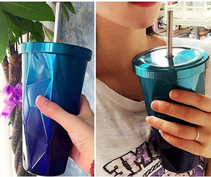 Travel Coffee Cup with Straw Insulated Tumbler Gradient Stainless Steel Mug Office Cold Cup Car Drinking Cups Water Bottle 16oz/473ml - Tazeet.com