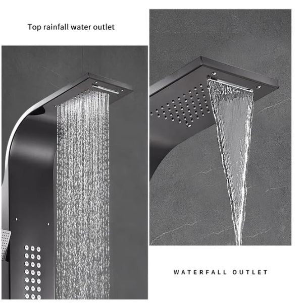 Stainless Steel Shower Panel Tower System with Multi-Function Rainfall, Waterfall, Massage Jets, Tub Spout, and Hand Shower for Home, Hotel, Resort