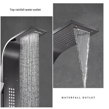 Stainless Steel Shower Panel Tower System with Multi-Function Rainfall, Waterfall, Massage Jets, Tub Spout, and Hand Shower for Home, Hotel, Resort