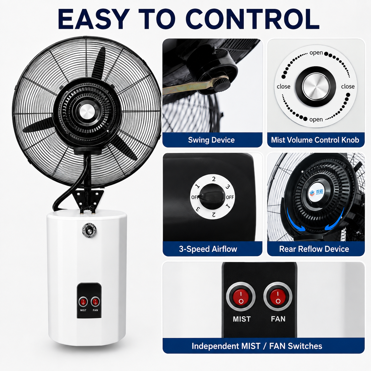 TAZEET wall fan with three speed settings and water mist function