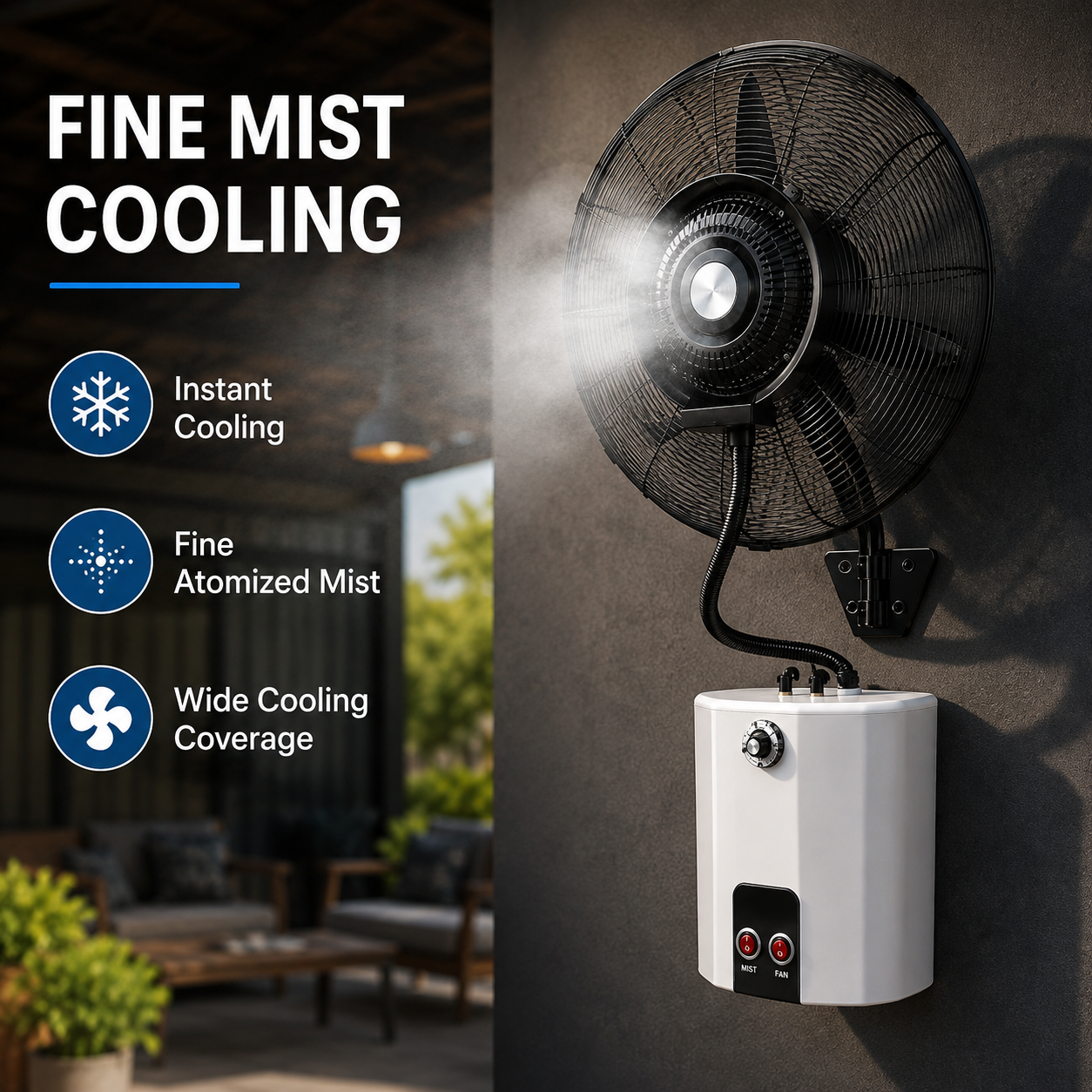 Oscillating wall misting fan with adjustable mist output